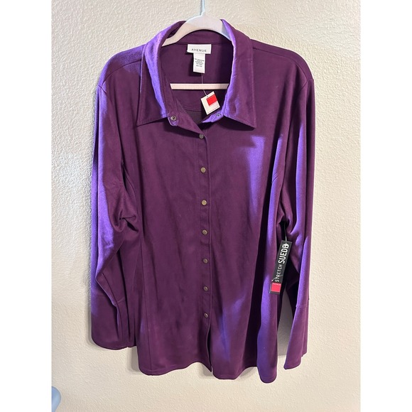 Avenue Tops - Avenue Stretch Suede Button Down Top Collared Long Sleeve Shirt 22/24